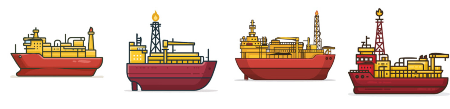 This minimalist illustration depicts an FPSO vessel with a clean dark outline, featuring a red hull, yellow equipment deck, and a flare stack in flat colors against a solid white background