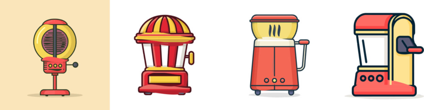 A minimalist flat 2D vector illustration of a retro-style hot air popcorn maker with bright red and yellow colors, clean dark outlines, and no shadows or isometry