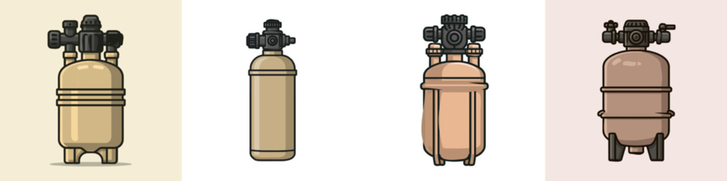 A minimalist, flat 2D vector illustration of a fiberglass sand filter pressure tank for pools, featuring clean dark outlines, solid tan brown color, and black valve head elements on a white background