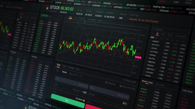 Digital screen display virtual stock trading dashboard with digital market monitor, financial exchange analytics and futuristic investment management interface