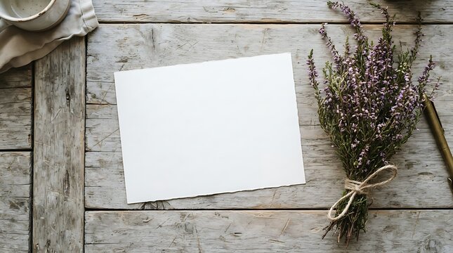 Blank paper card with heather flowers and pen on rustic wooden table