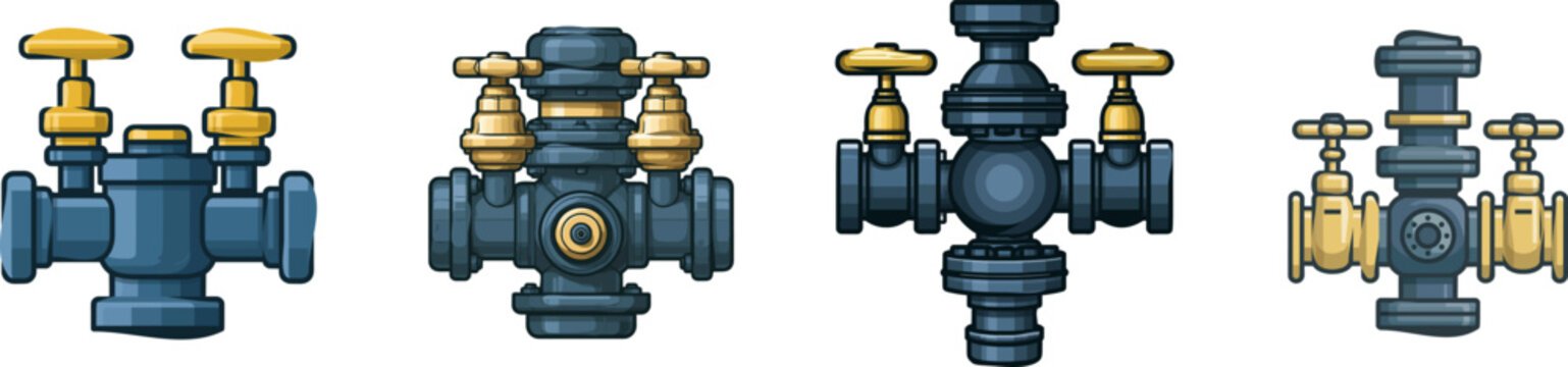 The wellhead assembly features two brass valves with dark blue pipes connected, showcasing a minimalist flat design isolated on a white background
