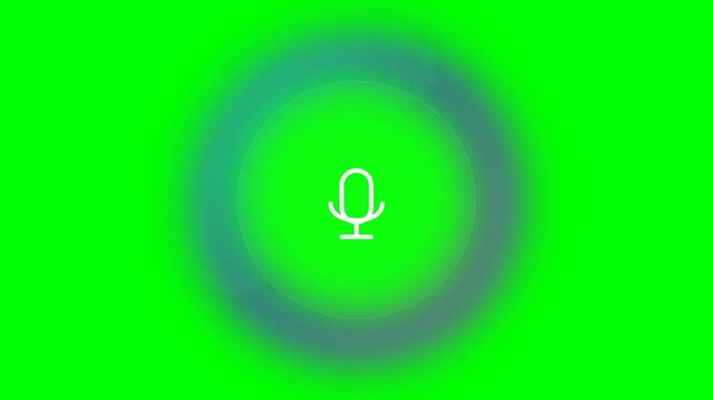 Smart voice assistant microphone icon with colorful pulse aura on green screen background, artificial intelligence voice recognition graphic.