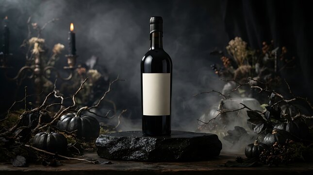 Wine bottle on a stone pedestal in a dark moody halloween setting