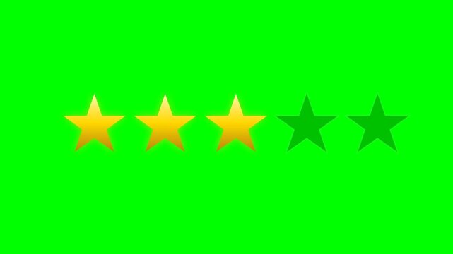 Three Golden Stars Rating on Green Screen Chroma Key Background for Video Editing and Customer Feedback Reviews
