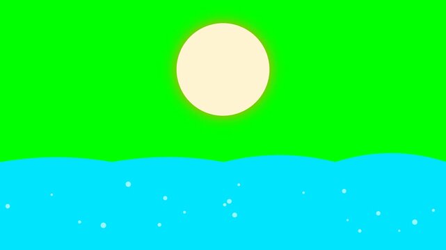 Flat Illustration of a Large Yellow Sun over Blue Ocean Waves with a Bright Green Sky Background, Simple Graphic Landscape