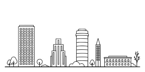 Obraz premium Buildings in a Minimalist Black-and-White Line Drawing of a City Skyline with Various Architectural Styles
