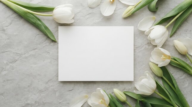 Blank paper card with white tulips on stone background