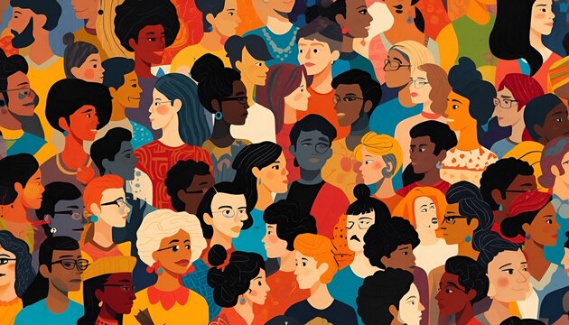 Colorful Diverse People Crowd Seamless Pattern, Multi Ethnic Community, Cultural Diversity and Inclusion Abstract Collage Art Background