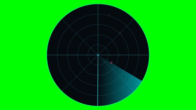 Digital circular radar sonar screen with blue scanning line and grid isolated on a green screen background for video editing and compositing