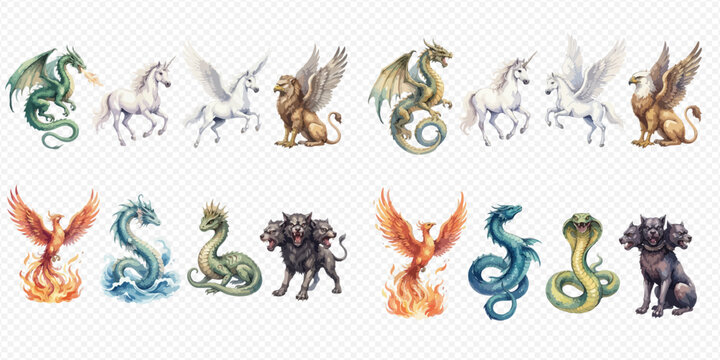 Collection of watercolor mythical creatures, including dragons, unicorns, griffins, phoenixes, sea serpents, and cerberus, on a transparent background.