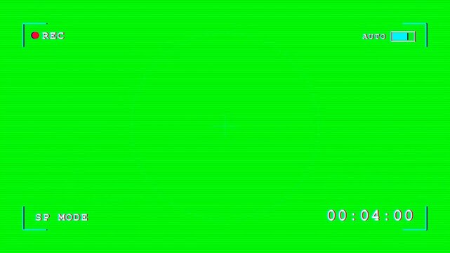 Vintage Camera Viewfinder Overlay on Green Screen with REC Icon, Battery Indicator, Timecode and Scan Lines