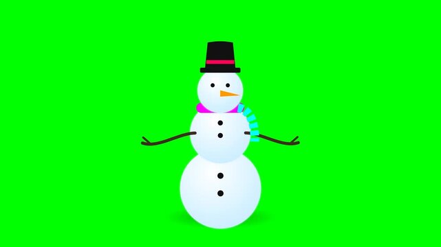 Animated 2D snowman with top hat and scarf on a green screen background. Flat design Christmas character for holiday videos and winter season content.