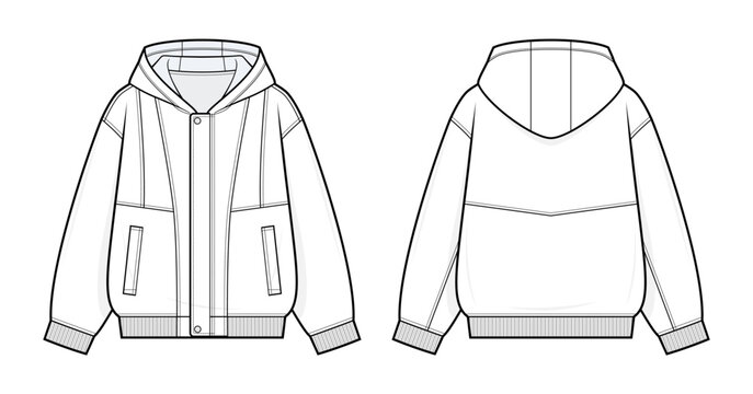 Hooded Leather Bomber Jacket Technical Fashion Illustration. Hidden Zipper Jacket with Covered Placket Vector Template. Front and Back View. Unisex  Apparel. CAD Mockup Set.