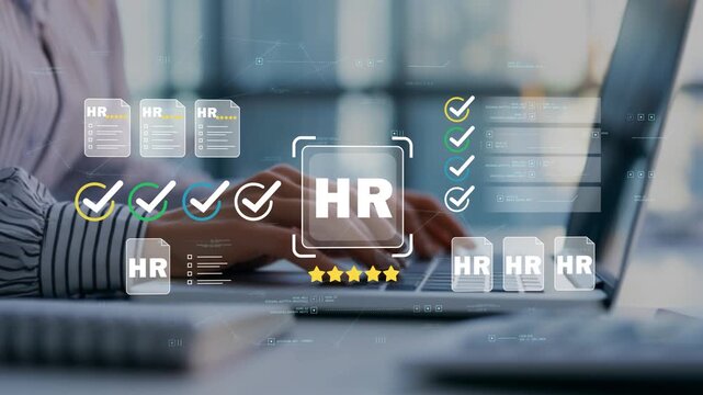 Female business professional reviewing personnel files with animated HR dashboard, employee verification workflow, digital workforce management and enterprise human capital software