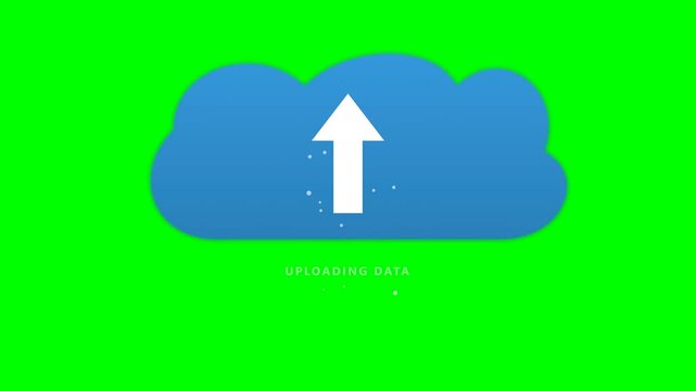 Cloud Computing Data Upload Animation with Upward Arrow and Uploading Data Text on Green Screen Background for Easy Compositing