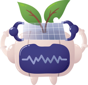 Cute robot holds solar panel with growing leaves