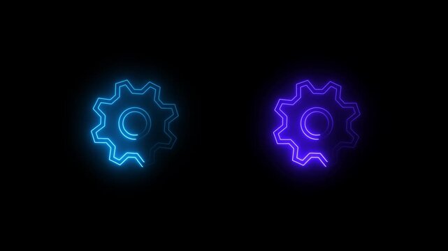 Two gear rotating animation with 2d concept ,Glow Gear Business Icon Split on Black Background, Cog wheels symbol reveal