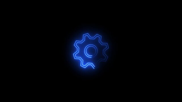 A glowing neon gear icon spins slowly with a smooth, continuous motion. The vibrant colors pulse rhythmically, creating a dynamic, futuristic effect against a dark background.