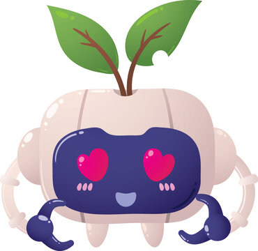 Cute robot with heart eyes and plant sprouts on its head