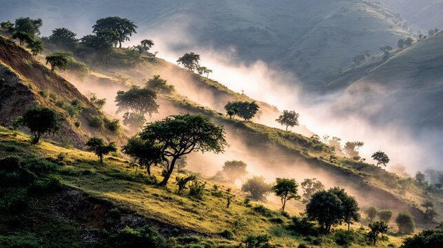 Misty hillsides are speckled with trees and light with faint clouds on green slopes