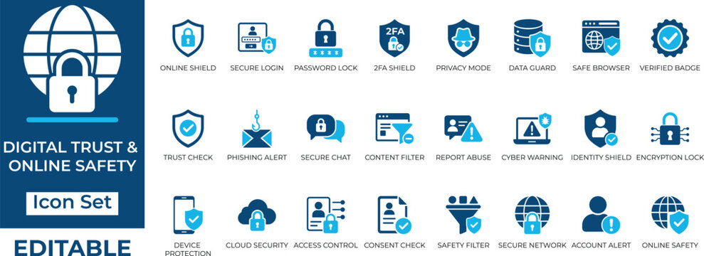Cybersecurity and online safety icon set vector for digital trust, data protection, privacy shield, 2FA, secure login, and internet security icons.