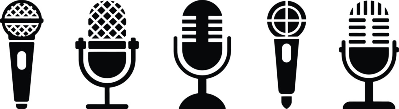 Microphone icon set, black modern and classic mic symbols, audio recording, podcast, broadcasting, music, voice communication, studio equipment, vector design