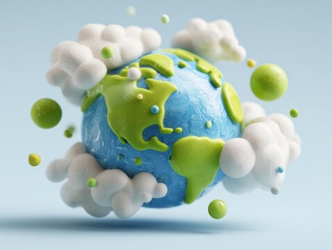 Stylized 3d render of planet earth with floating clouds