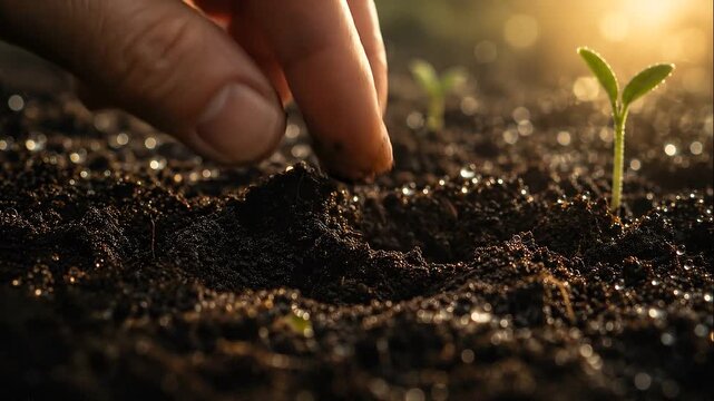 Hand planting young sprout in soil wealth transfer growth care sunlight with seed planting and warm light for future harvest