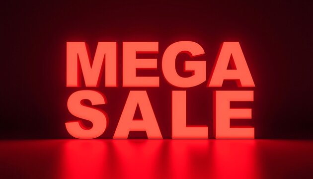 Red neon sign with white text mega sale on dark background