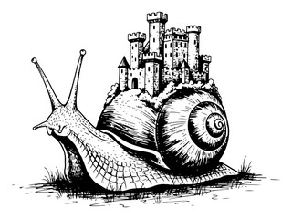 Giant snail carrying medieval castle on its shell sketch hand drawn fantasy mobile home and slow life concept © JakubVectorSketch