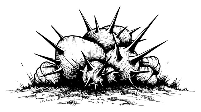 Sharp spiked thorns and cactus pods growing in dry soil sketch hand drawn desert danger or alien plant concept