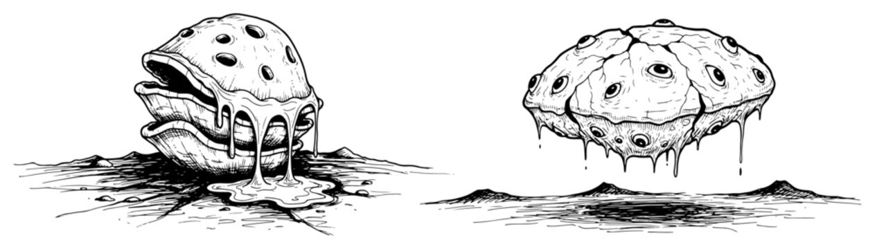 Surreal alien pods and bizarre biological organisms with eyes and liquid dripping sketch hand drawn sci-fi horror creature concept