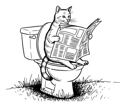 Funny cat sitting on toilet reading newspaper in nature sketch hand drawn humorous pet hygiene and humanized animal concept