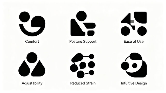 Six minimalist ergonomic icons are neatly arranged, balancing comfort, body support, ease of use, and adjustability to reduce body burden. The design logic is in line with daily usage habits

