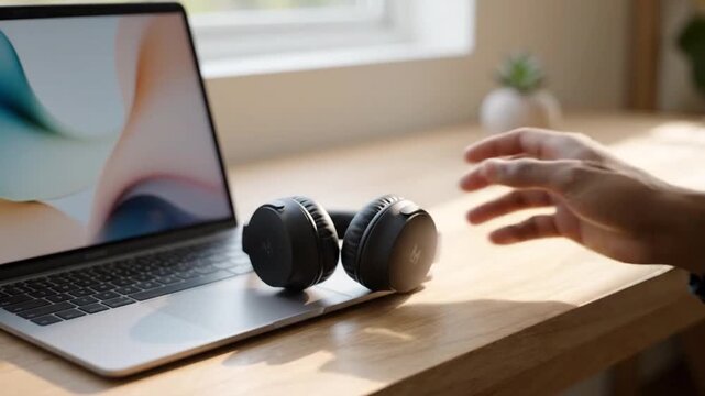Hand Picking Up Wireless Headphones from Laptop on Wooden Desk
