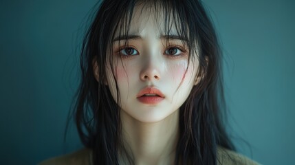 Fototapeta premium Sad Asian crying face brown long hair , wide minimal studio, Korean portrait, bad day concept.