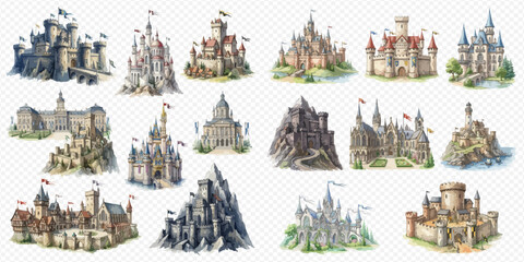 Collection of various watercolor fantasy castles and fortresses, featuring different architectural styles and magical designs, isolated on a transparent background. © Ytaja