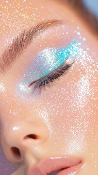 Woman's face covered in shimmering glitter makeup sparkling skin creative studio beauty shot iridescent eyeshadow art