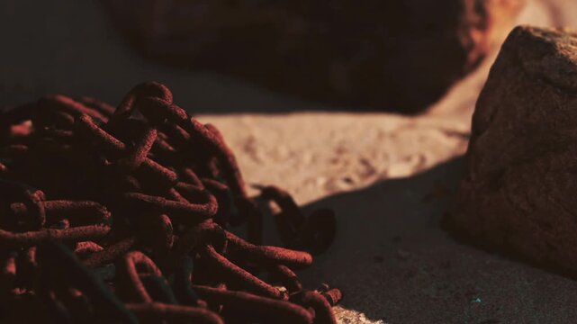 A close view of a pile of rusty metal chains sits on a sandy surface. Sunlight casts shadows as the scene captures the texture and color of the chains and ground.