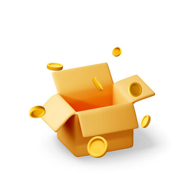Open cardboard box with flying gold coins. 3d vector illustration of delivery package with money. Financial profit, income growth, bonus, startup investment, savings and banking concept.