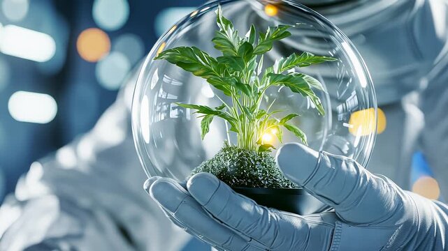 Futuristic gloved hands holding a biodegradable sphere with a growing plant in a high-tech environment