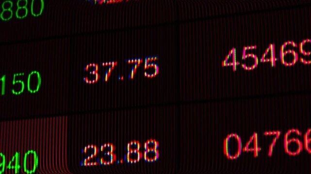 Dynamic Market Overview Displaying Stock Prices with Pixelated Distortion in Vibrant Colors on a Dark Background