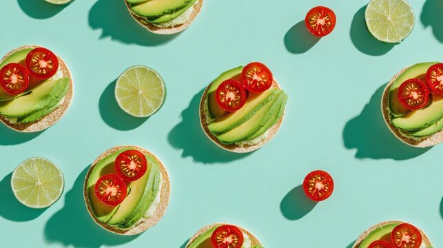 A vibrant breakfast composition with tostadas, avocado slices, cherry tomatoes, and lime wedges scattered diagonally across a pastel turquoise background with crisp shadows