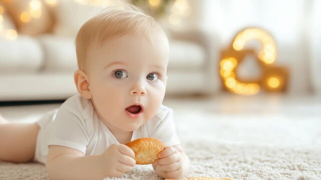 Adorable baby with cookie on cozy carpet in warm home setting
