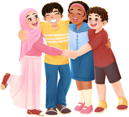 Fototapeta premium Children Embracing Diversity and Friendship as Practice of the Fifth Principle of Pancasila Illustration
