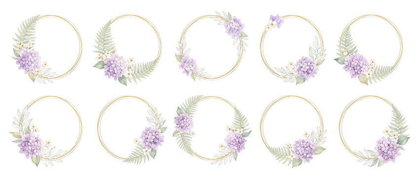 Watercolor hydrangea gold floral frames set for elegant wedding invitations and greeting card designs, featuring purple flowers, green ferns, and round metallic borders isolated on black background.