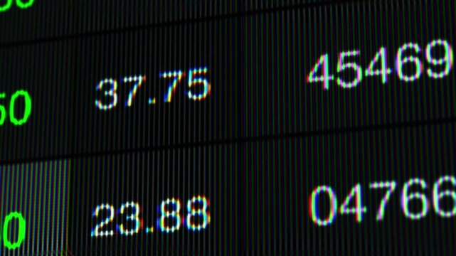 Close-Up View of Financial Data Display Featuring Numeric Changes in Stock Values with Distortions from Screen Pixels and Highlights in Vibrant Green and Dark Background