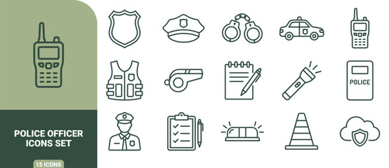 Set of 15 police officer icons, featuring law enforcement equipment, uniform and security symbols in a minimalist line style © Gra-fix PNG