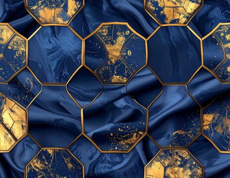 Kikkou Hexagon Tortoiseshell Seamless Pattern with Silk Fabric Texture in Deep Indigo
